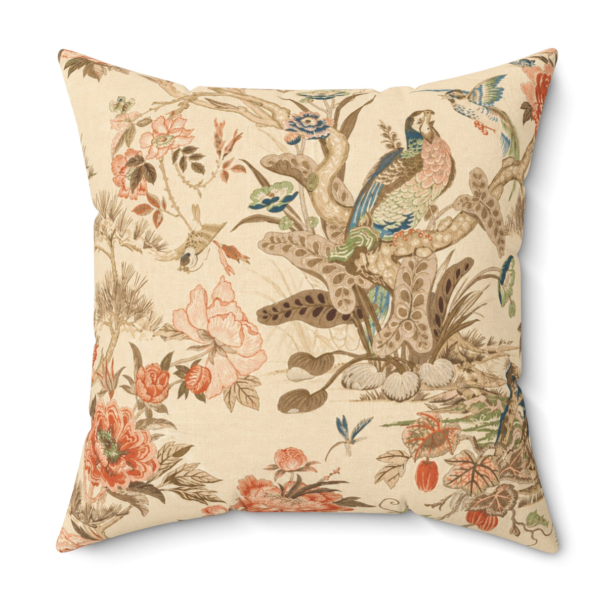 Vintage Chinoiserie Bird Floral Spun Polyester Pillow | Decorative Square Throw