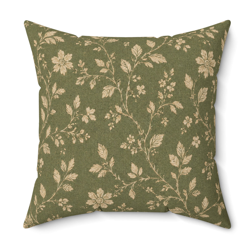 Vintage Floral Pattern Spun Polyester Pillow | Olive Green Botanical Throw