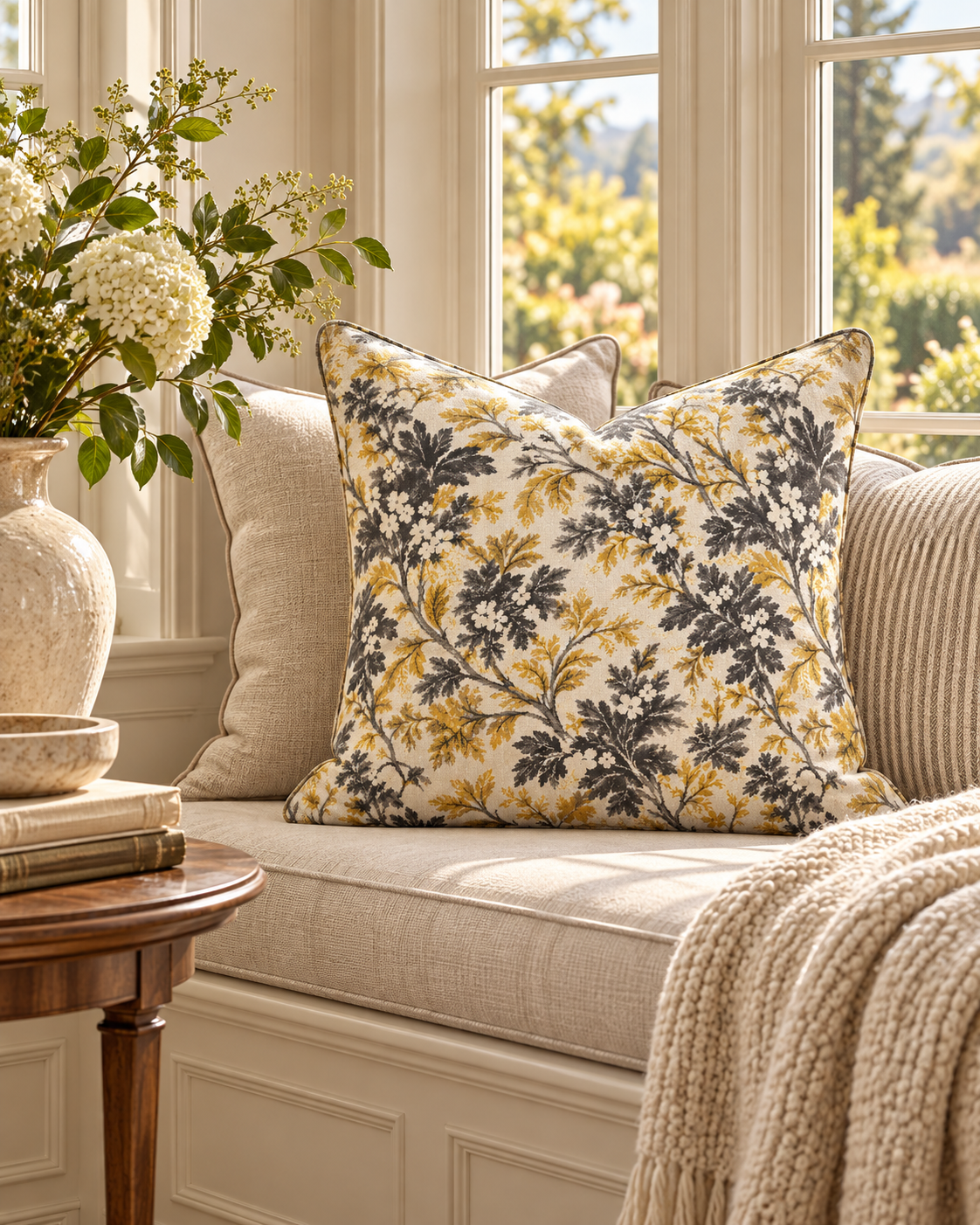Golden Floral Vine Pillow | Square Decorative Throw Pillow