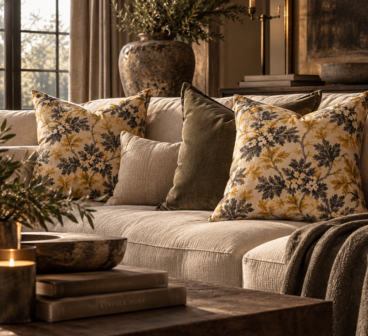 Golden Floral Vine Pillow | Square Decorative Throw Pillow