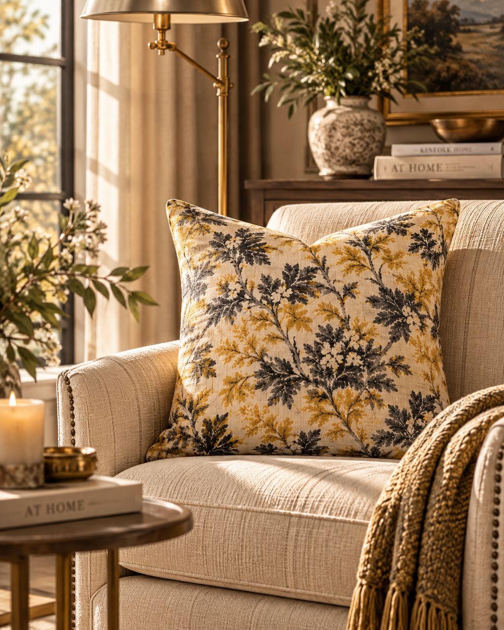 Golden Floral Vine Pillow | Square Decorative Throw Pillow