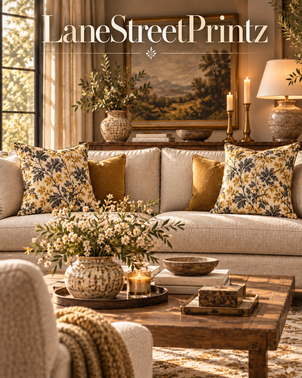 Golden Floral Vine Pillow | Square Decorative Throw Pillow