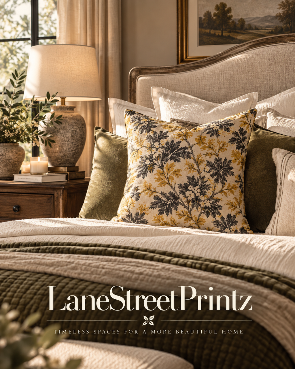 Golden Floral Vine Pillow | Square Decorative Throw Pillow