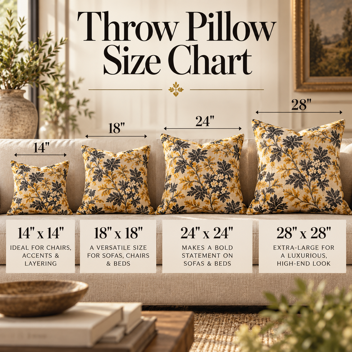 Golden Floral Vine Pillow | Square Decorative Throw Pillow