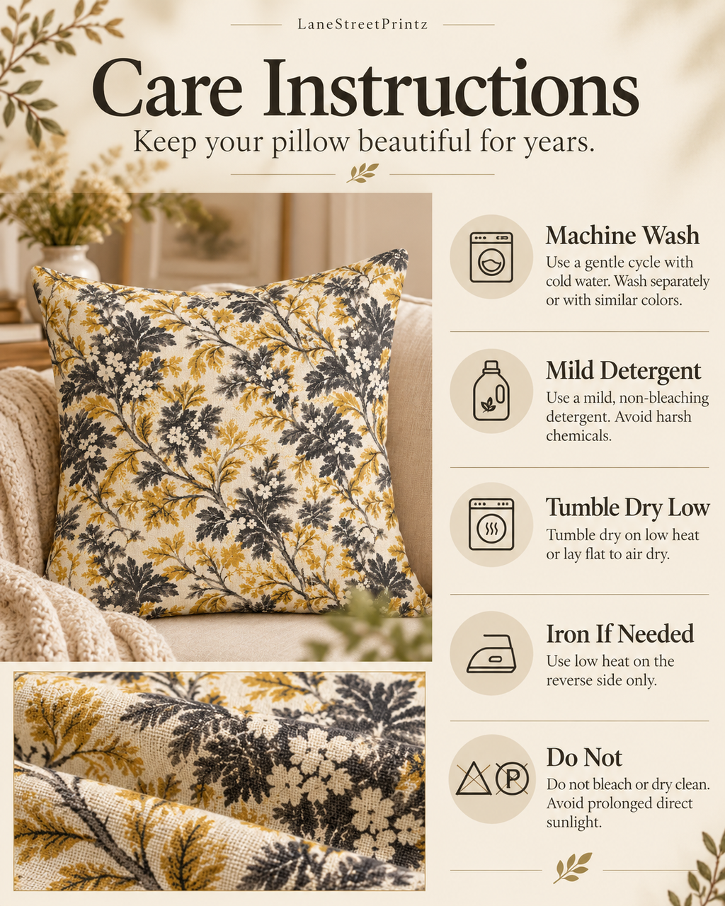 Golden Floral Vine Pillow | Square Decorative Throw Pillow