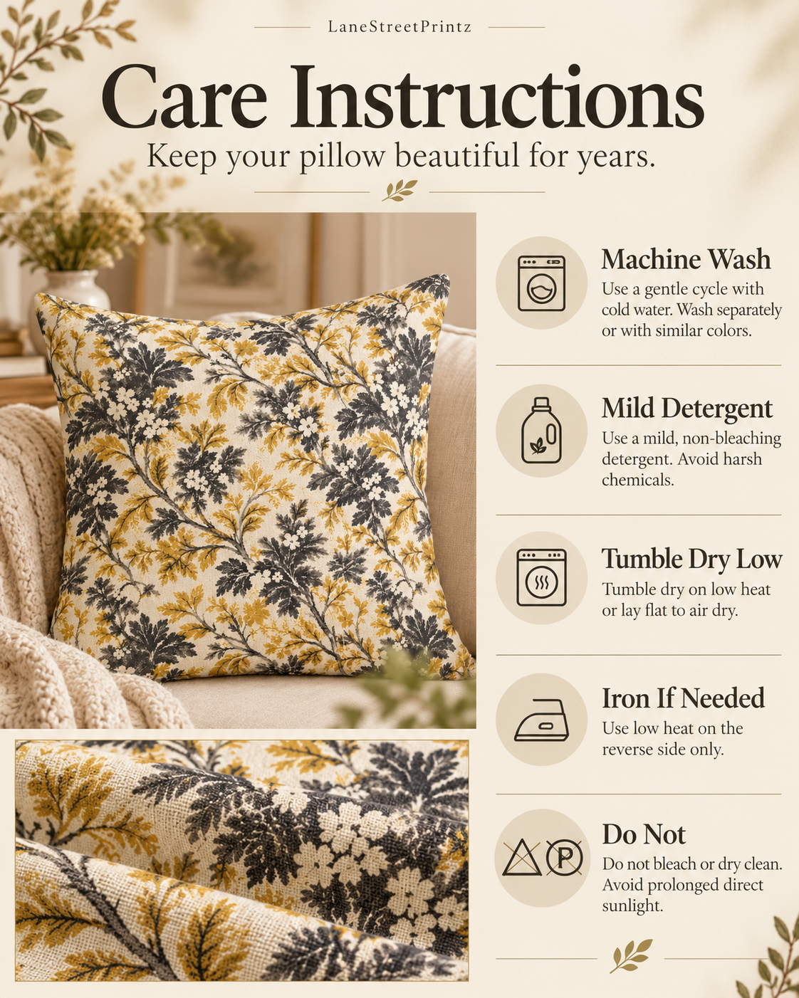 Golden Floral Vine Pillow | Square Decorative Throw Pillow