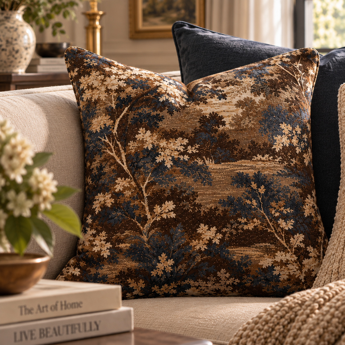 Vintage Brown Toile Landscape Pillow | Square Throw Pillow
