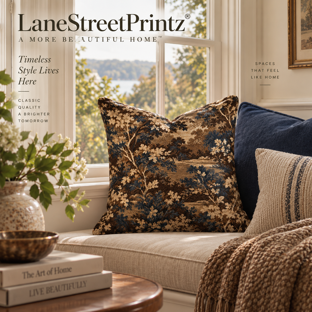 Vintage Brown Toile Landscape Pillow | Square Throw Pillow