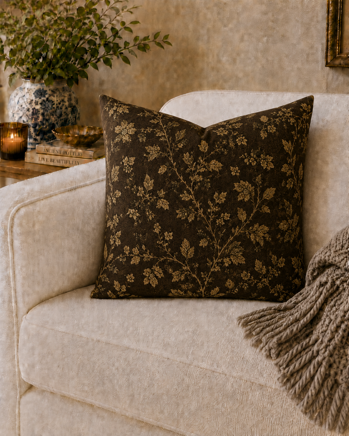 Vintage Gold Floral Pillow | Dark Botanical Decorative Throw Pillow