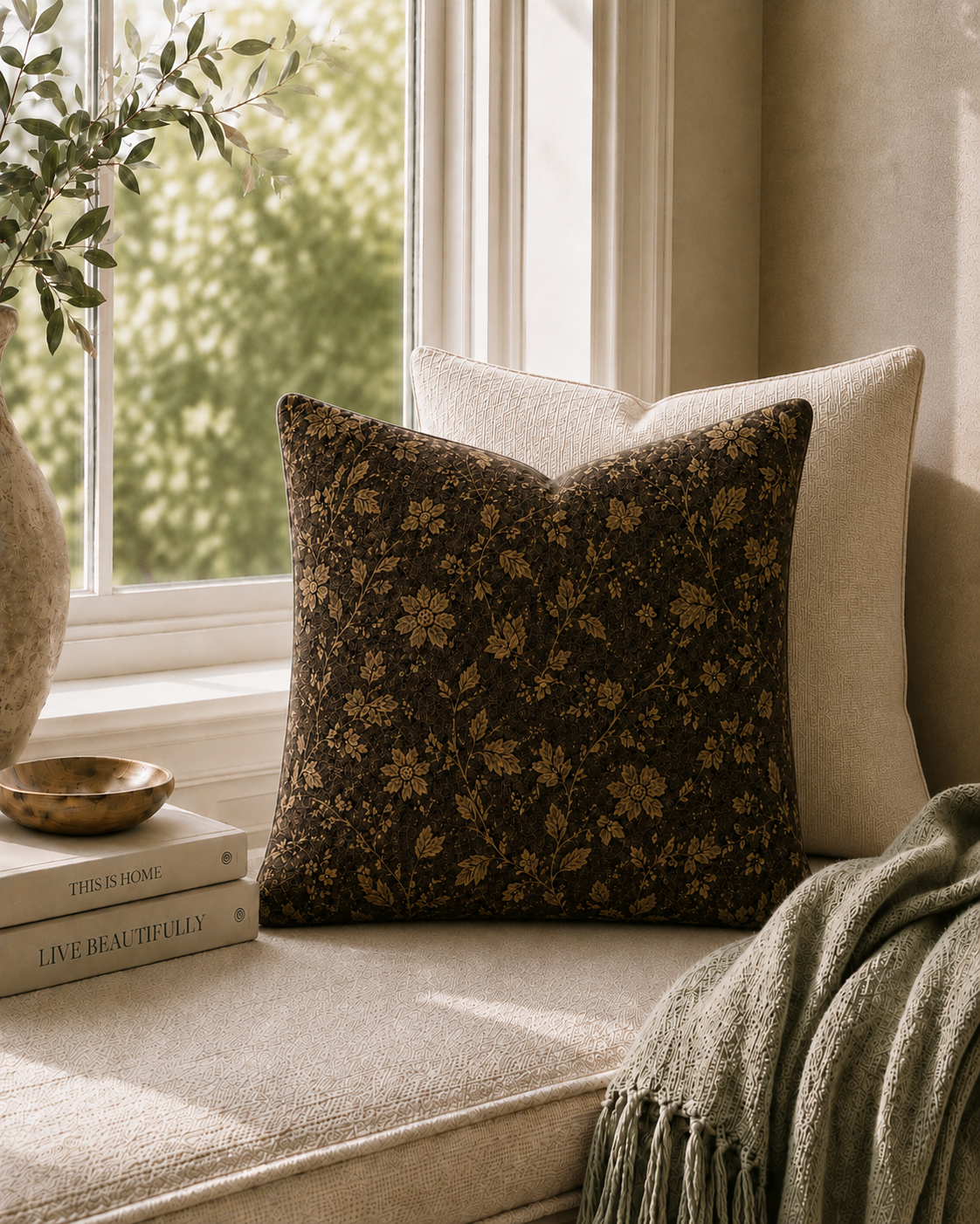 Vintage Gold Floral Pillow | Dark Botanical Decorative Throw Pillow