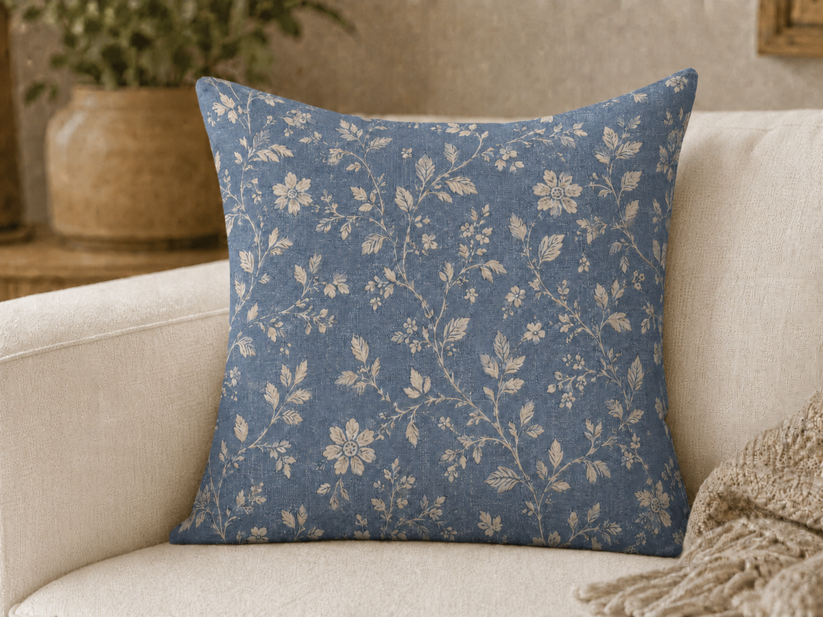 Vintage Floral Pattern Pillow | Blue Cream Cottagecore Decorative Pillow