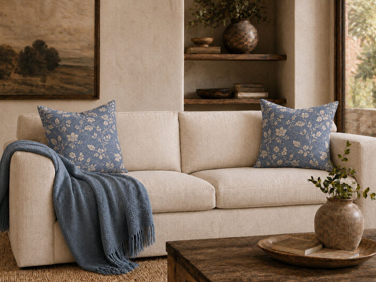 Vintage Floral Pattern Pillow | Blue Cream Cottagecore Decorative Pillow