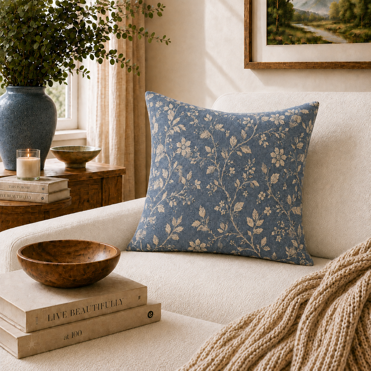 Vintage Floral Pattern Pillow | Blue Cream Cottagecore Decorative Pillow