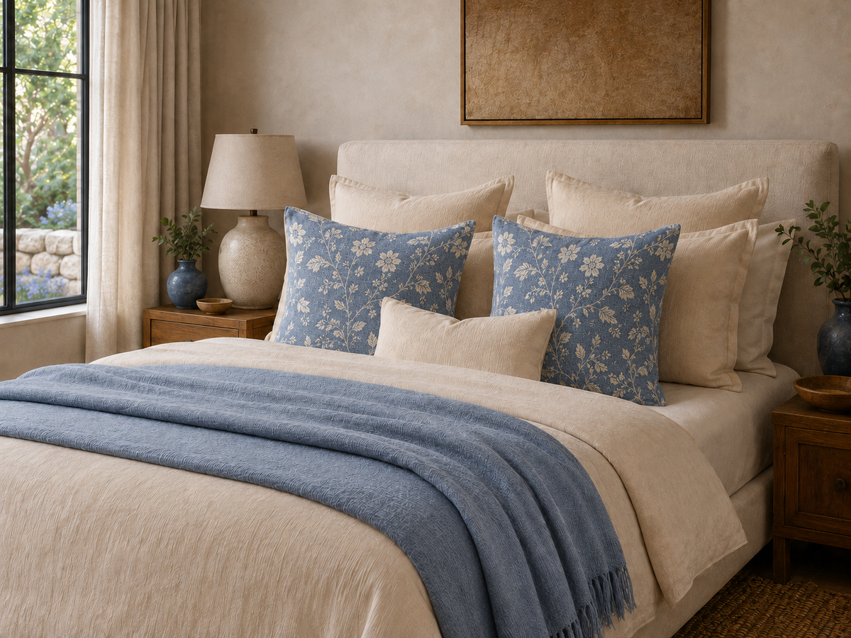Vintage Floral Pattern Pillow | Blue Cream Cottagecore Decorative Pillow