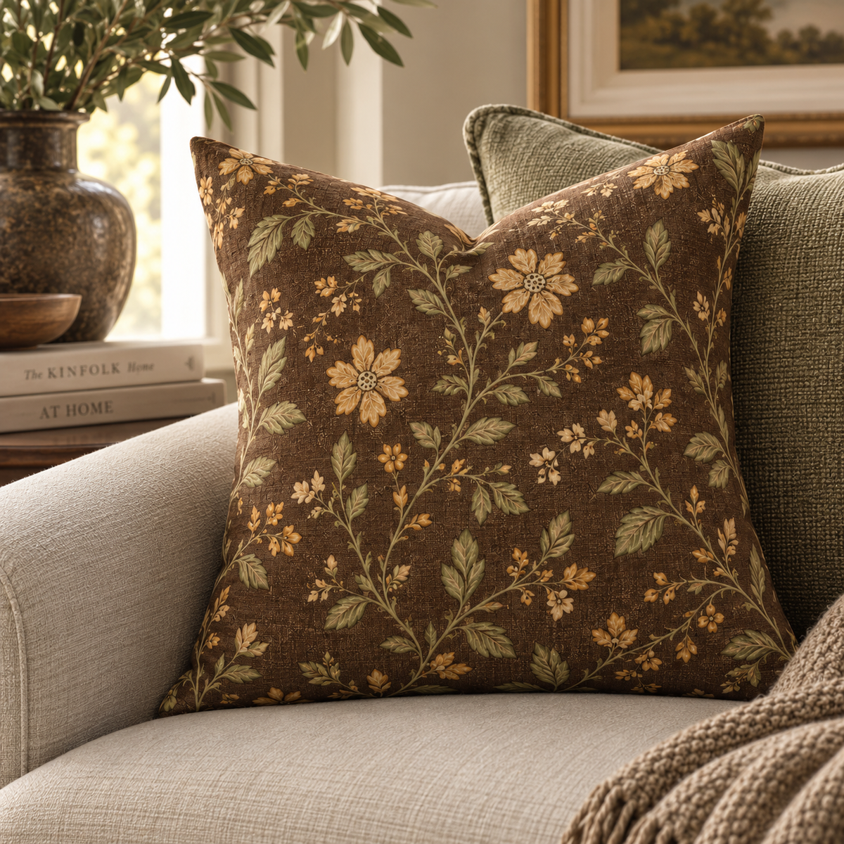 Vintage Floral Vine Pillow | Brown Botanical Throw Pillow