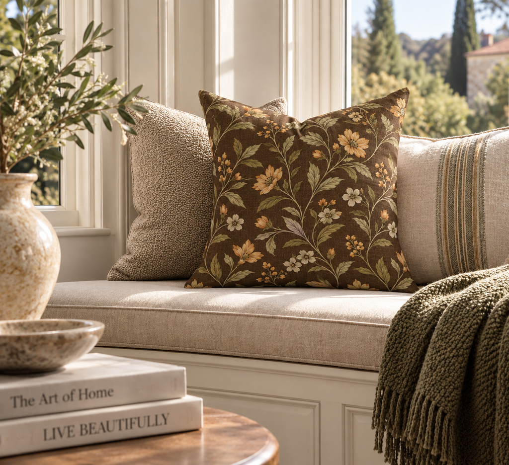 Vintage Floral Vine Pillow | Brown Botanical Throw Pillow