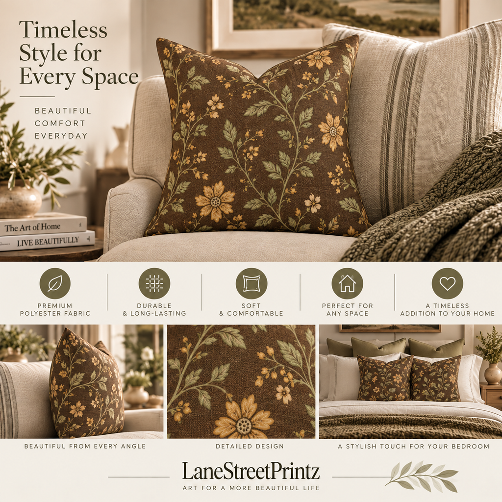 Vintage Floral Vine Pillow | Brown Botanical Throw Pillow