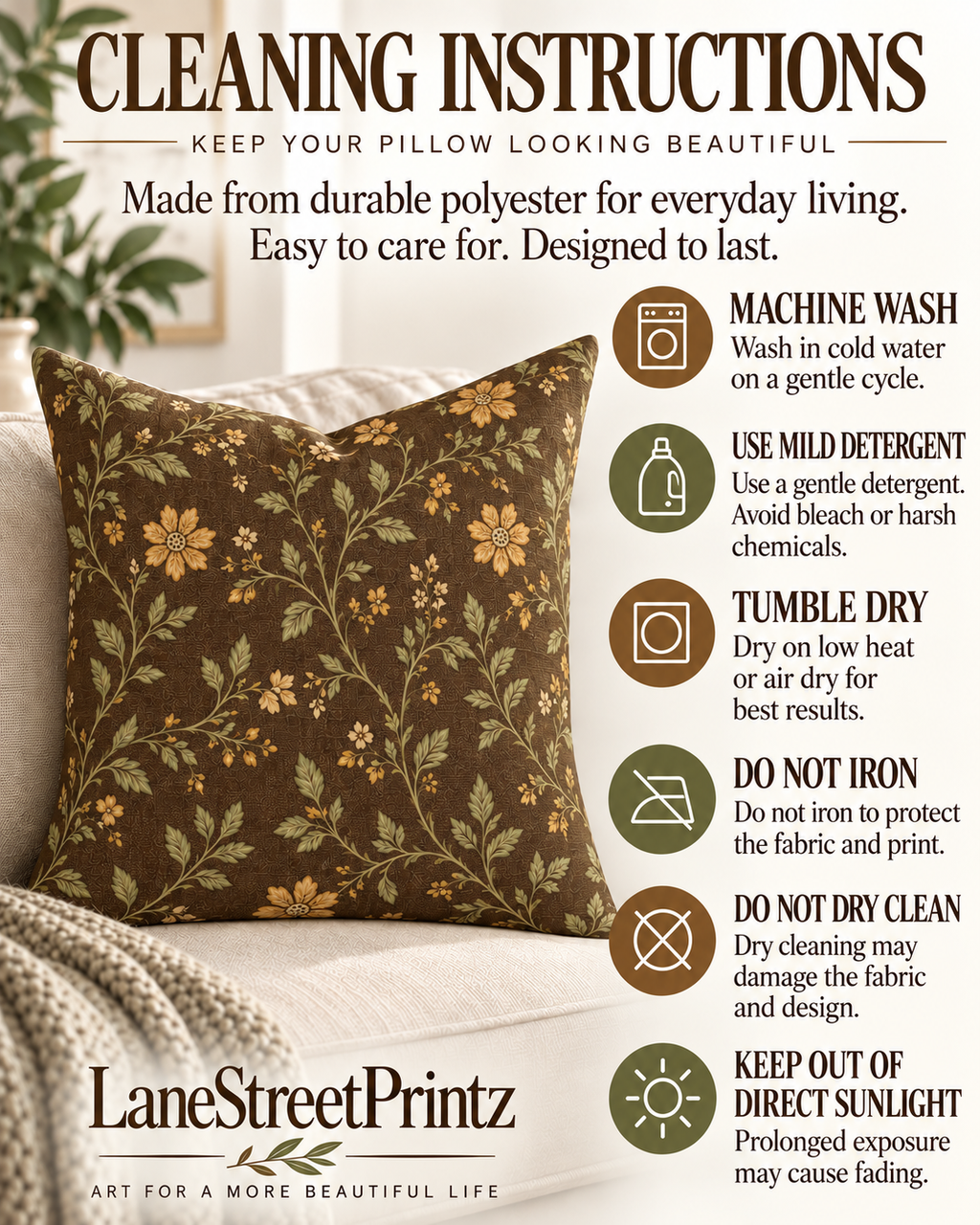 Vintage Floral Vine Pillow | Brown Botanical Throw Pillow