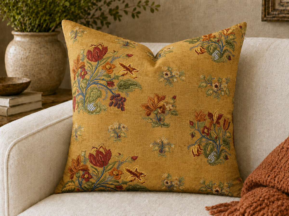 Vintage Floral Pattern Pillow | Yellow Botanical Throw Pillow