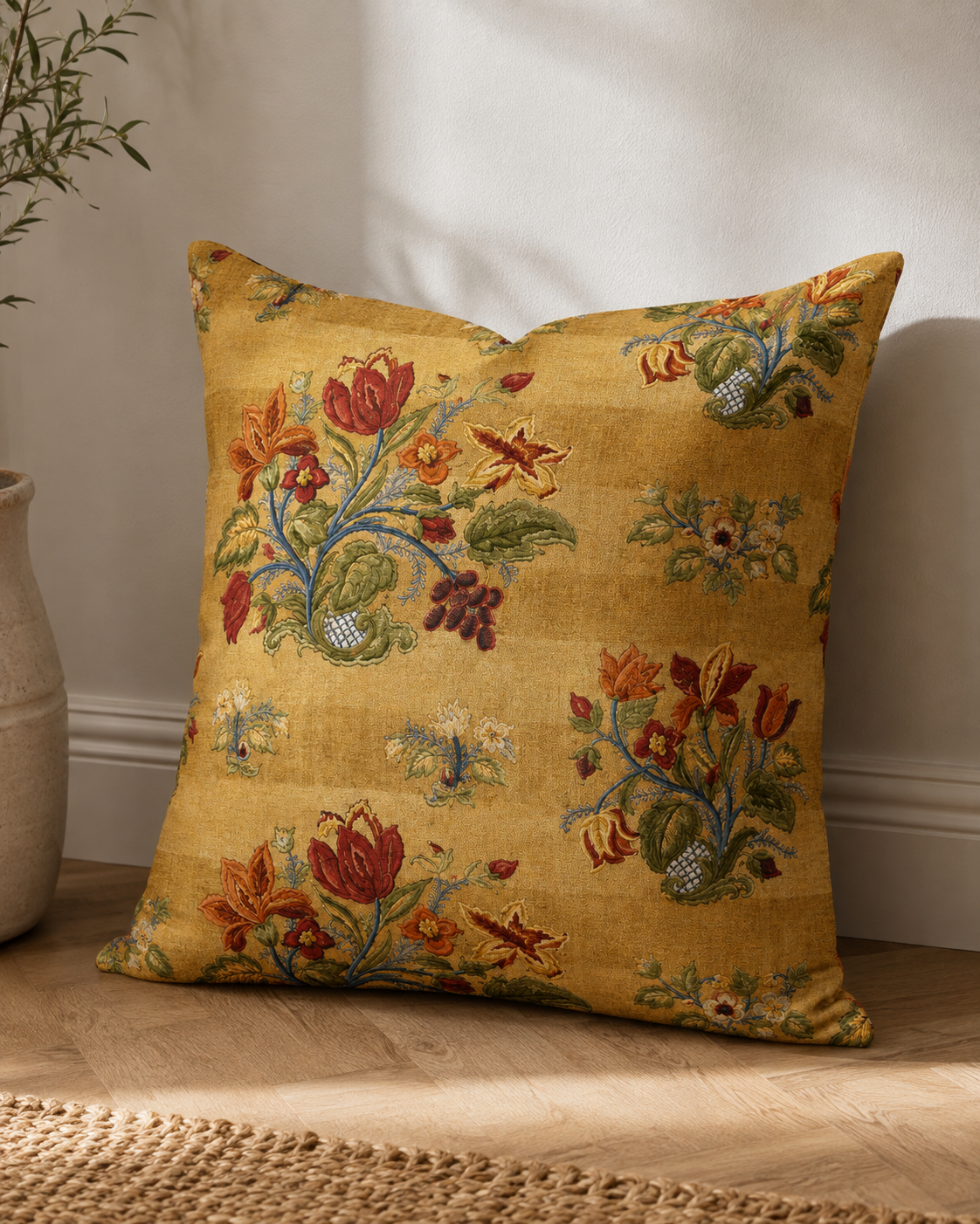 Vintage Floral Pattern Pillow | Yellow Botanical Throw Pillow
