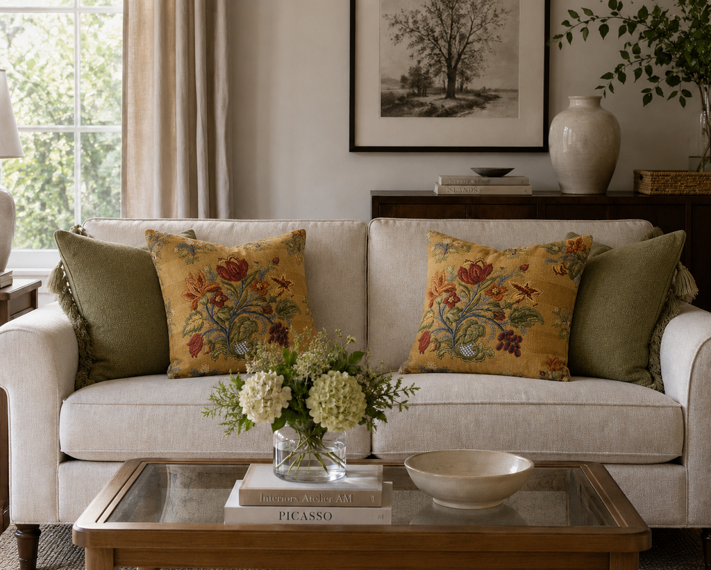Vintage Floral Pattern Pillow | Yellow Botanical Throw Pillow