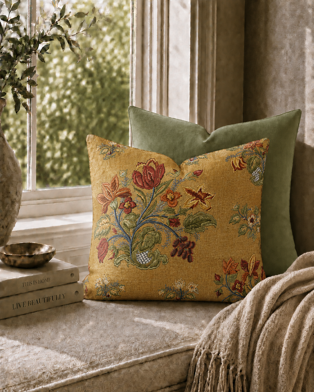 Vintage Floral Pattern Pillow | Yellow Botanical Throw Pillow