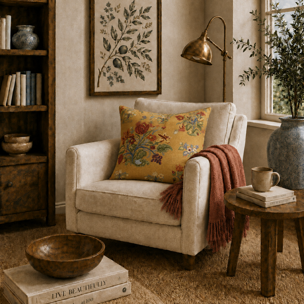 Vintage Floral Pattern Pillow | Yellow Botanical Throw Pillow