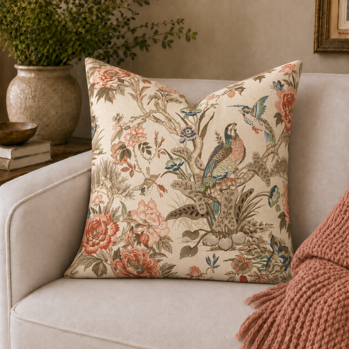 Vintage Chinoiserie Bird Floral Spun Polyester Pillow | Decorative Square Throw