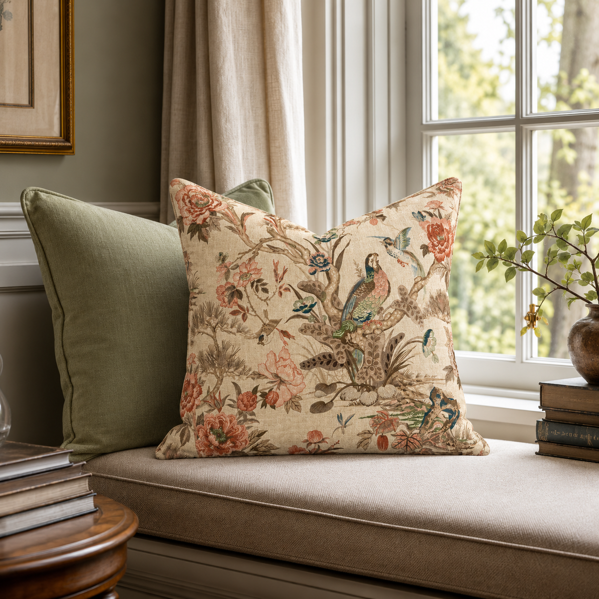 Vintage Chinoiserie Bird Floral Spun Polyester Pillow | Decorative Square Throw