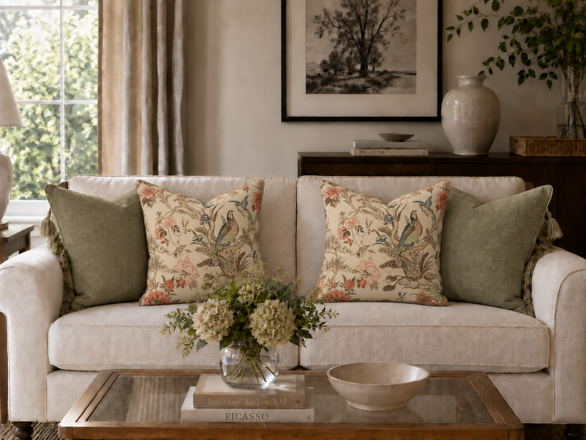 Vintage Chinoiserie Bird Floral Spun Polyester Pillow | Decorative Square Throw