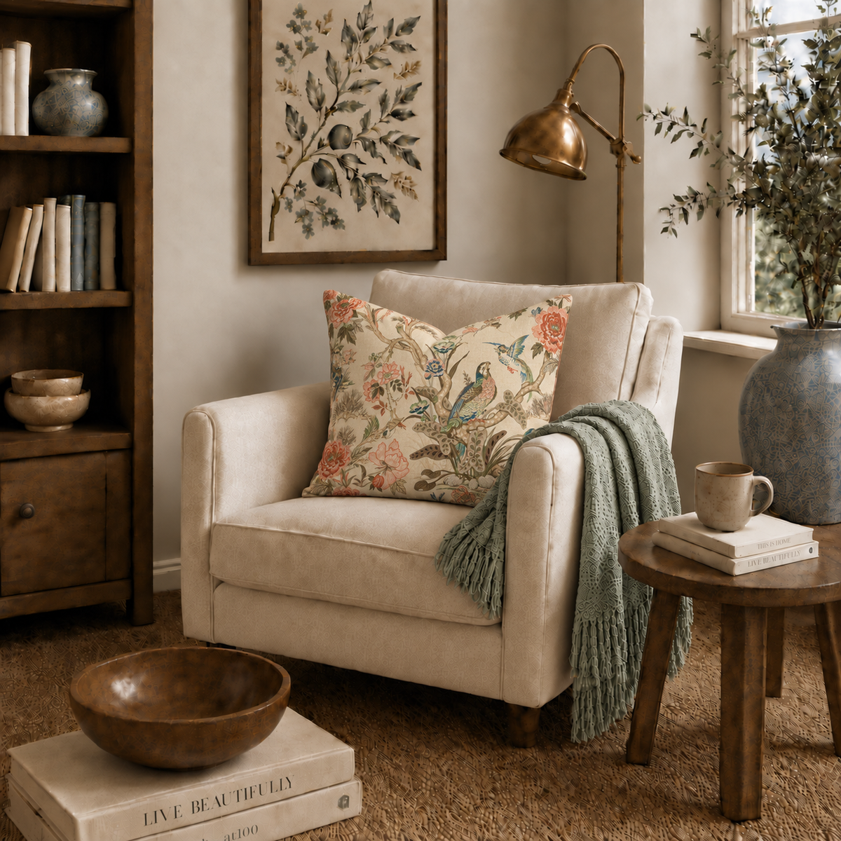 Vintage Chinoiserie Bird Floral Spun Polyester Pillow | Decorative Square Throw