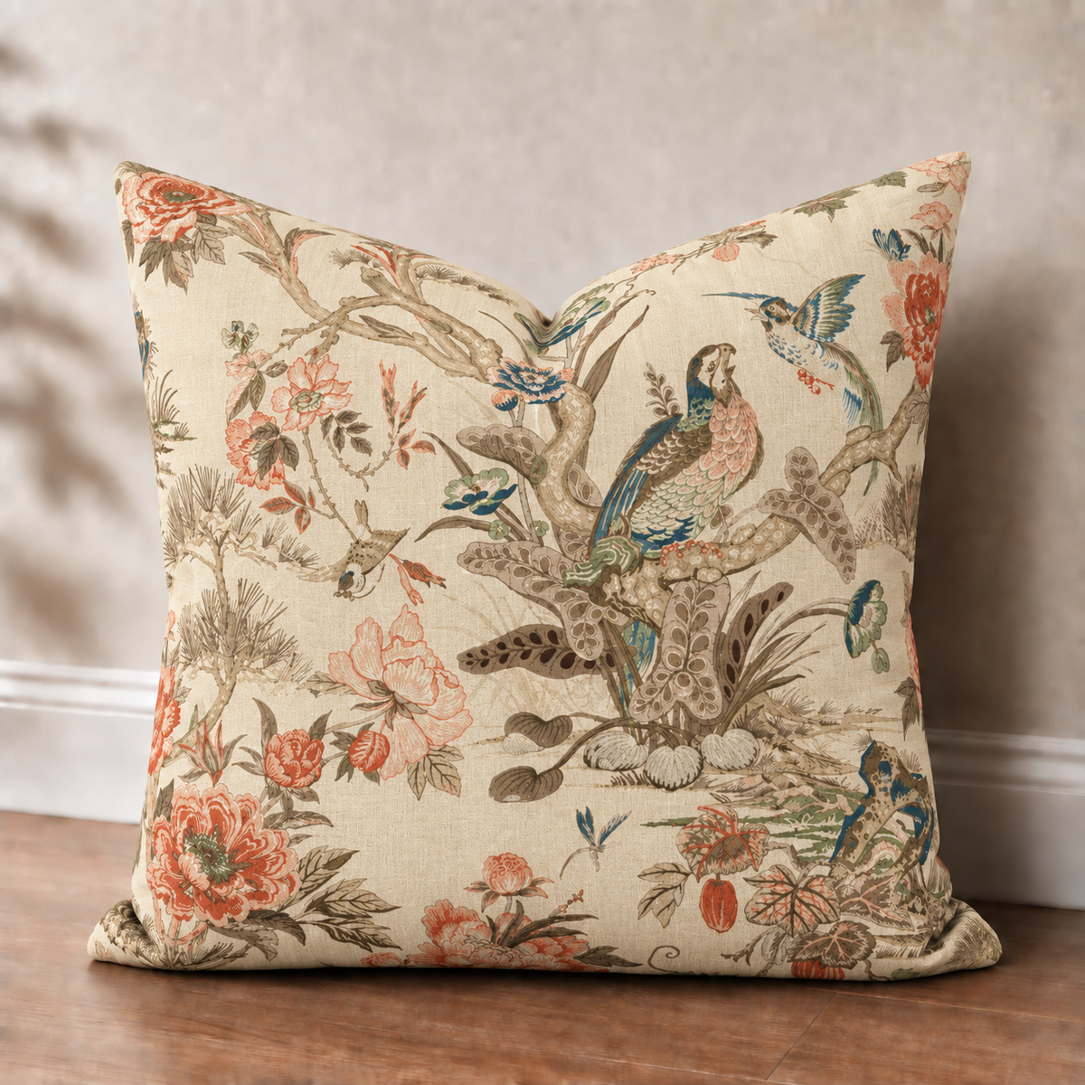 Vintage Chinoiserie Bird Floral Spun Polyester Pillow | Decorative Square Throw