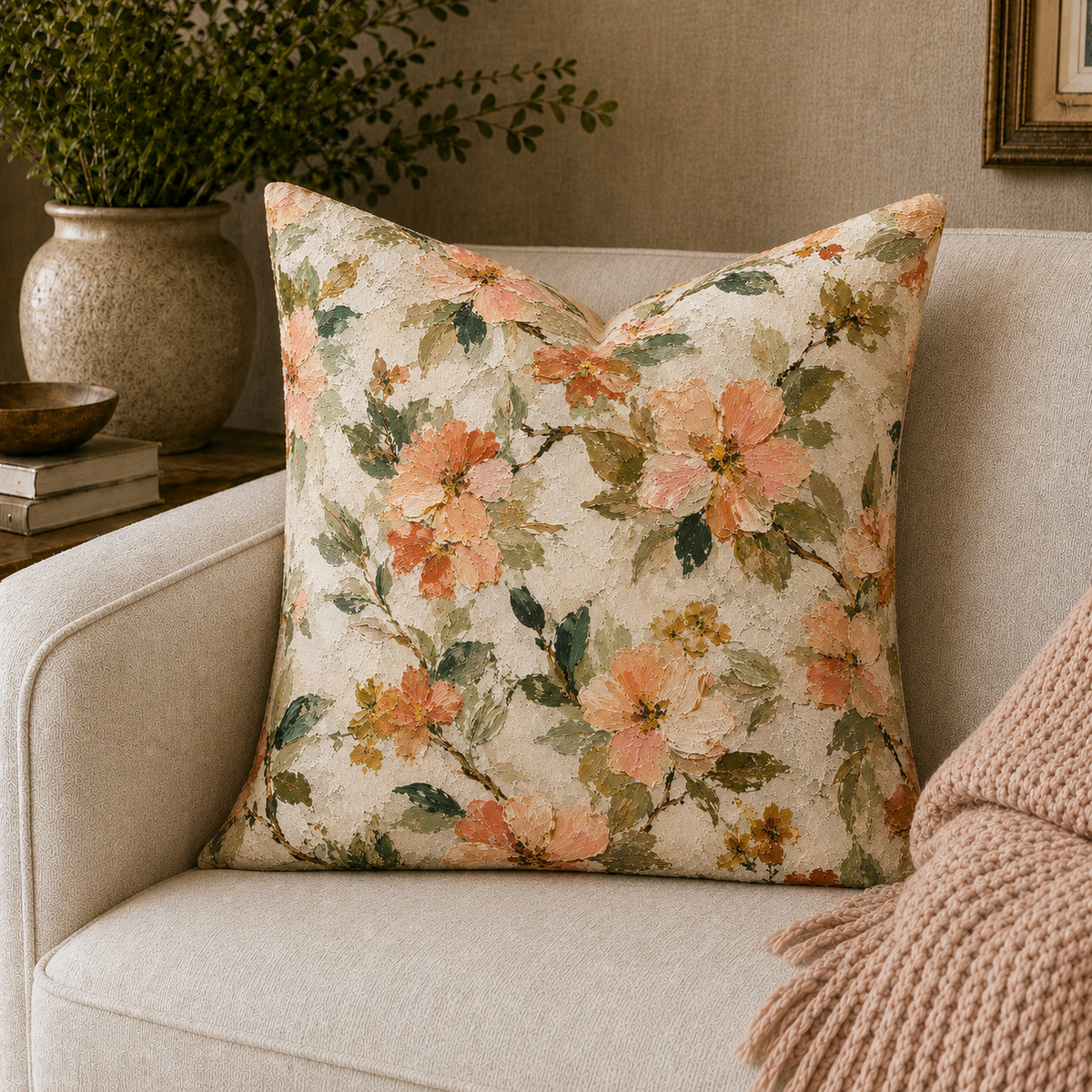 Watercolor Peach Floral Square Pillow | Cottagecore Floral Pillow