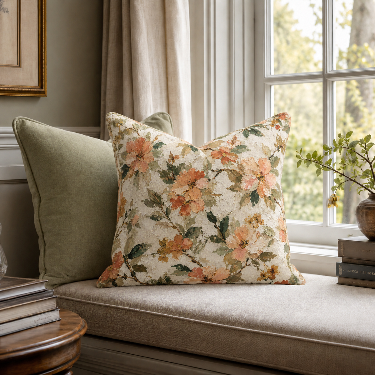 Watercolor Peach Floral Square Pillow | Cottagecore Floral Pillow