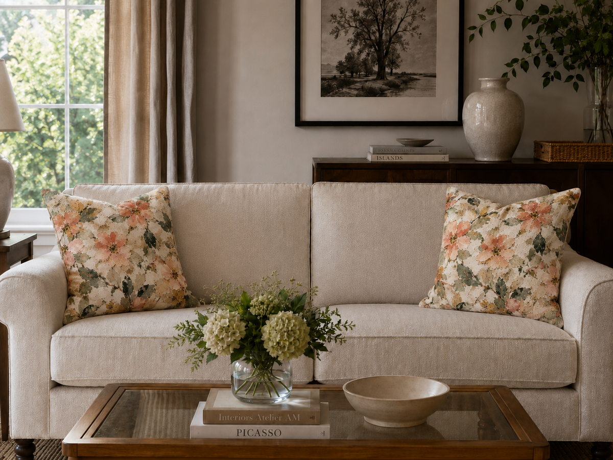 Watercolor Peach Floral Square Pillow | Cottagecore Floral Pillow