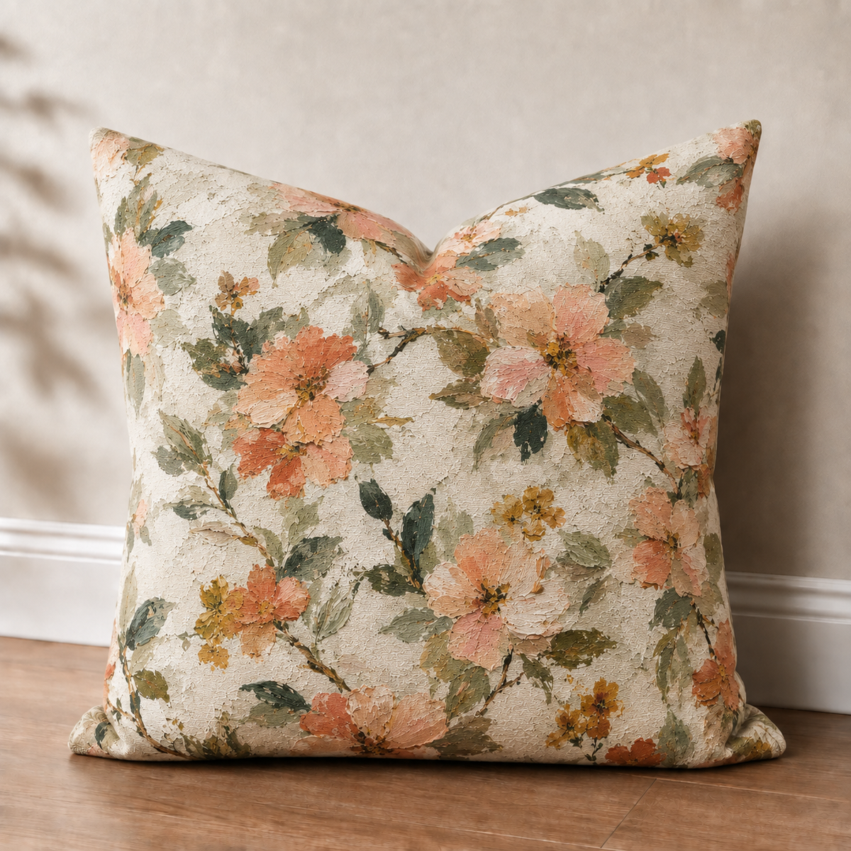 Watercolor Peach Floral Square Pillow | Cottagecore Floral Pillow
