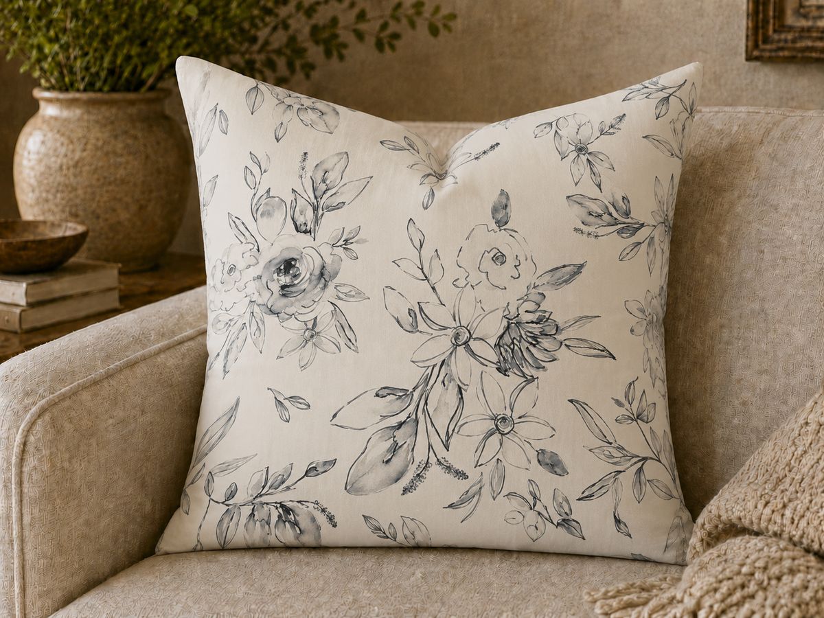 Monochrome Watercolor Rose Pillow | Square Decorative Pillow