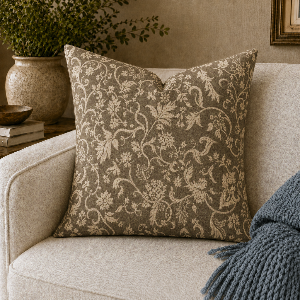 Vintage Floral Damask Pillow | Brown Botanical Throw Pillow
