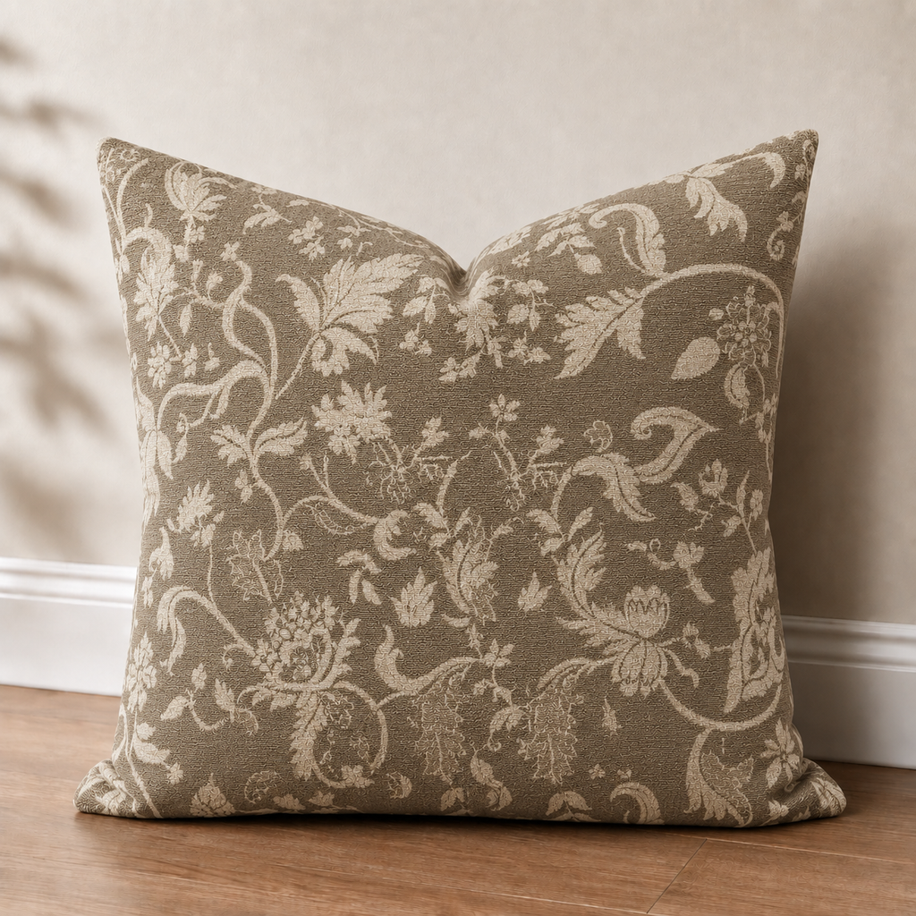Vintage Floral Damask Pillow | Brown Botanical Throw Pillow