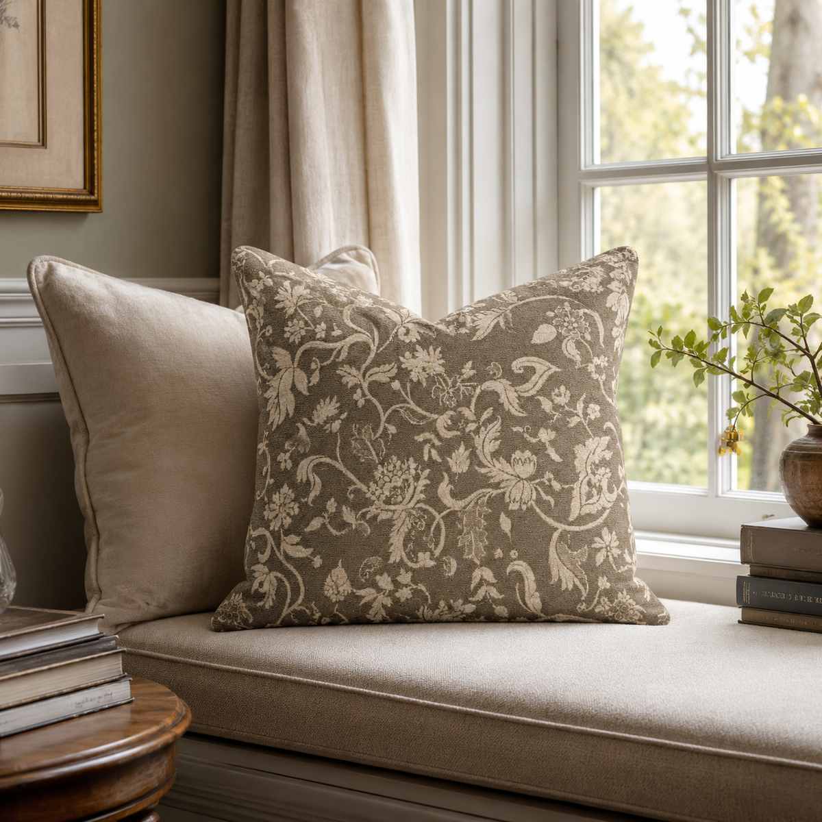 Vintage Floral Damask Pillow | Brown Botanical Throw Pillow