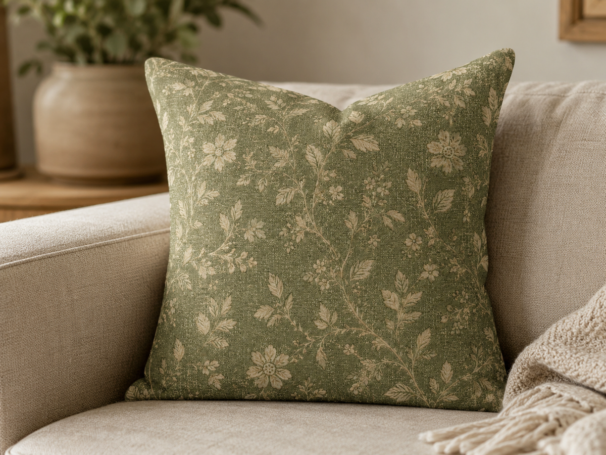 Vintage Floral Pattern Spun Polyester Pillow | Olive Green Botanical Throw
