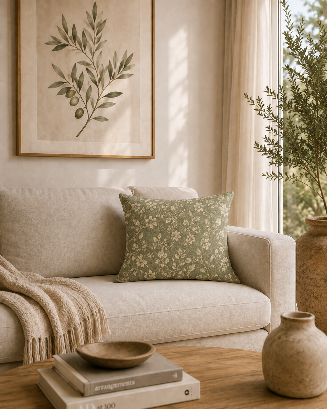 Vintage Floral Pattern Spun Polyester Pillow | Olive Green Botanical Throw