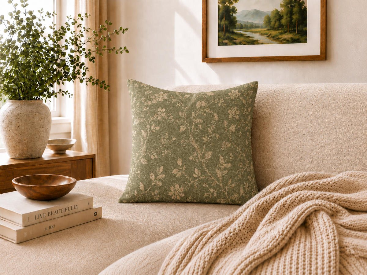Vintage Floral Pattern Spun Polyester Pillow | Olive Green Botanical Throw