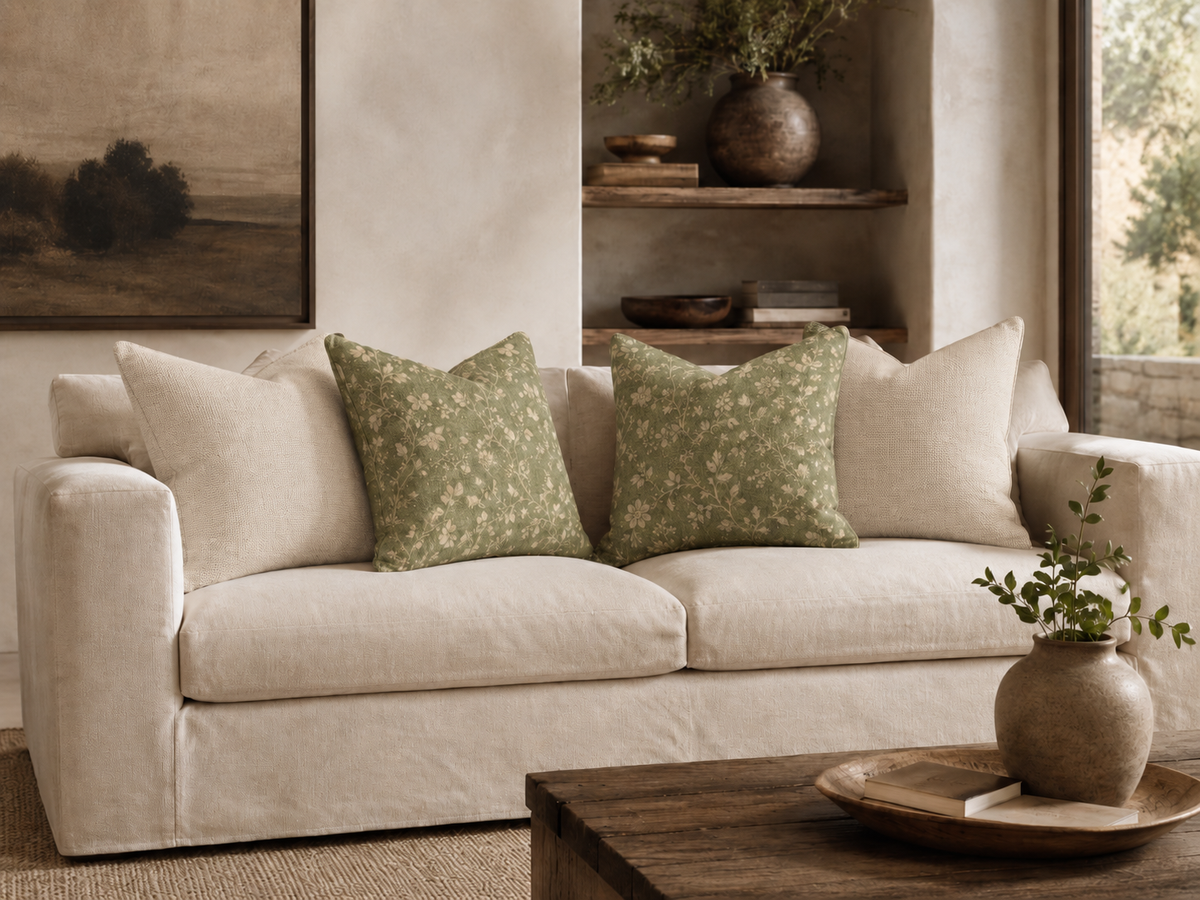 Vintage Floral Pattern Spun Polyester Pillow | Olive Green Botanical Throw