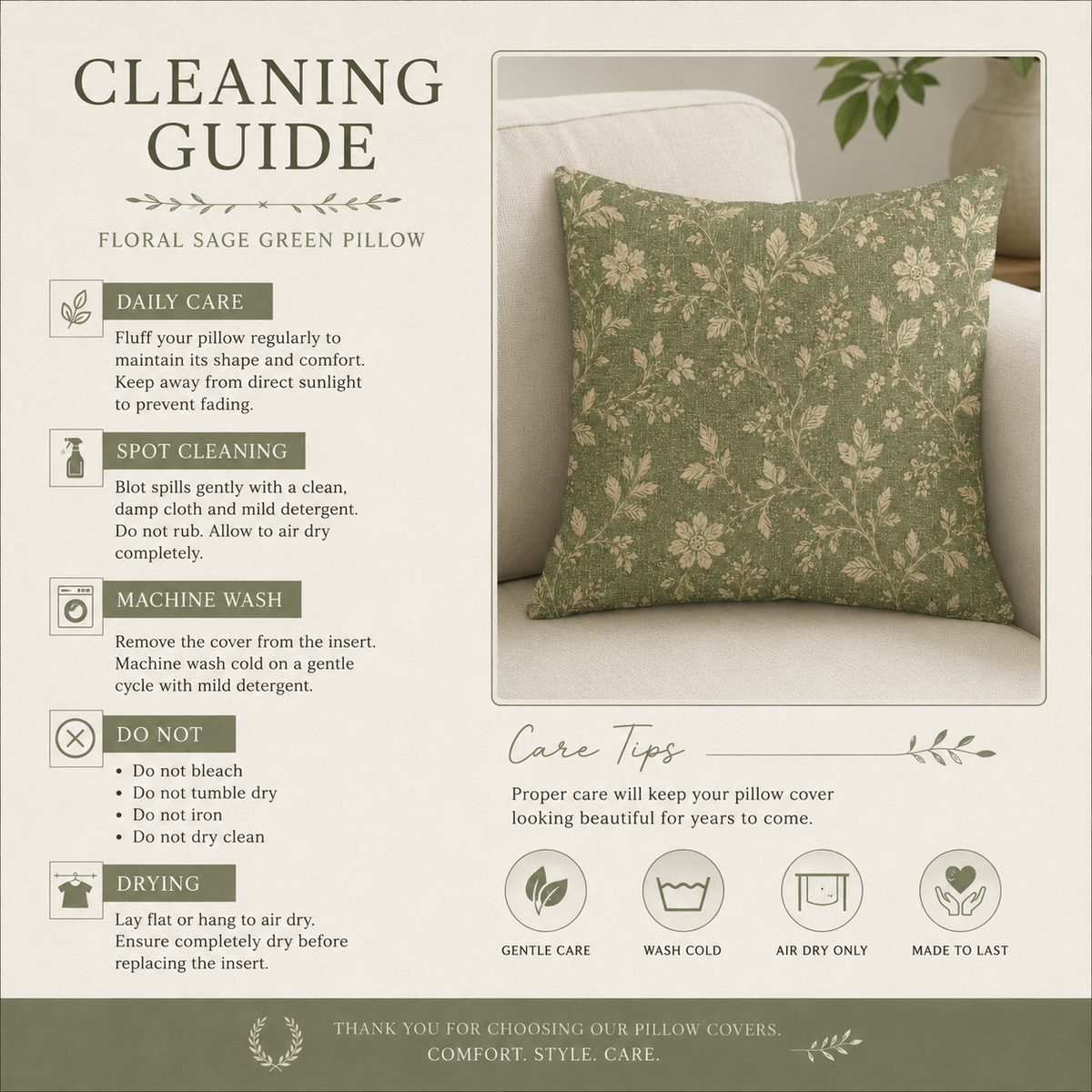 Vintage Floral Pattern Spun Polyester Pillow | Olive Green Botanical Throw
