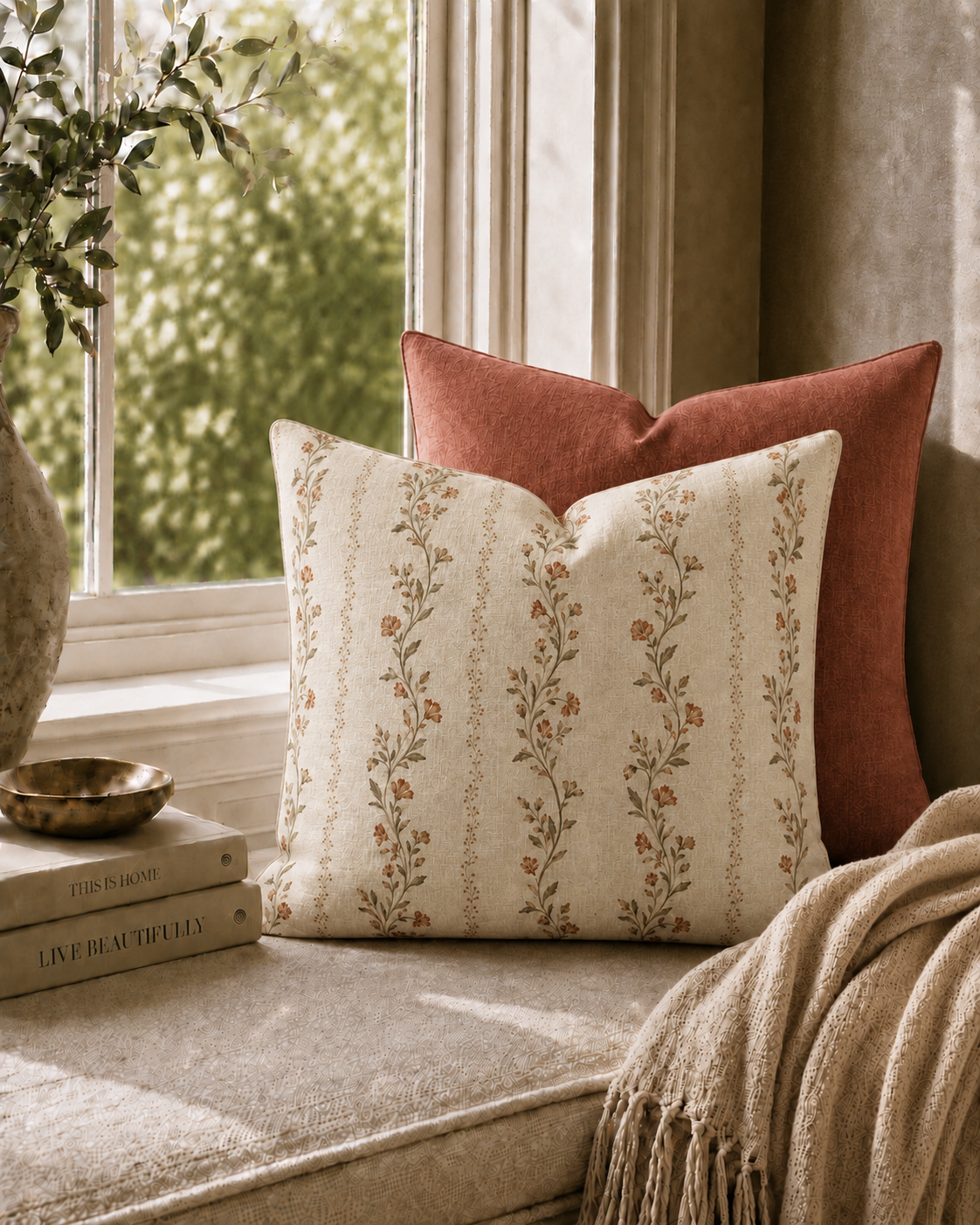 Vintage Floral Vine Pillow | Square Decorative Throw Pillow