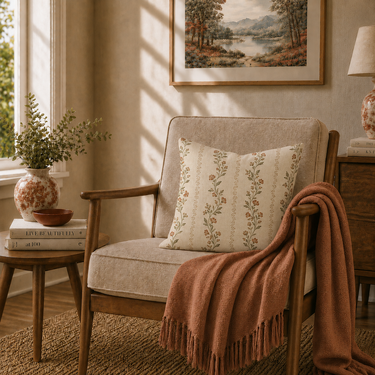 Vintage Floral Vine Pillow | Square Decorative Throw Pillow