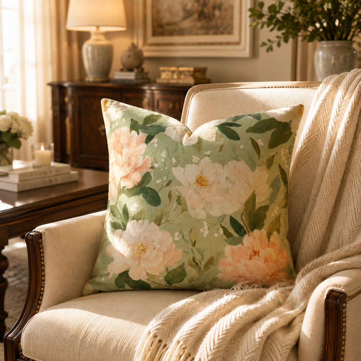 Blush Peonies Decorative Pillow | Square Throw Pillow