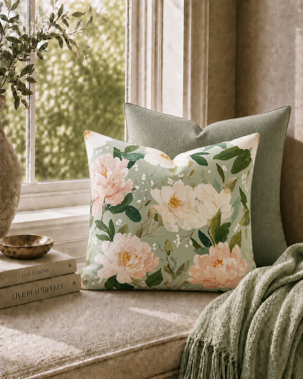 Blush Peonies Decorative Pillow | Square Throw Pillow