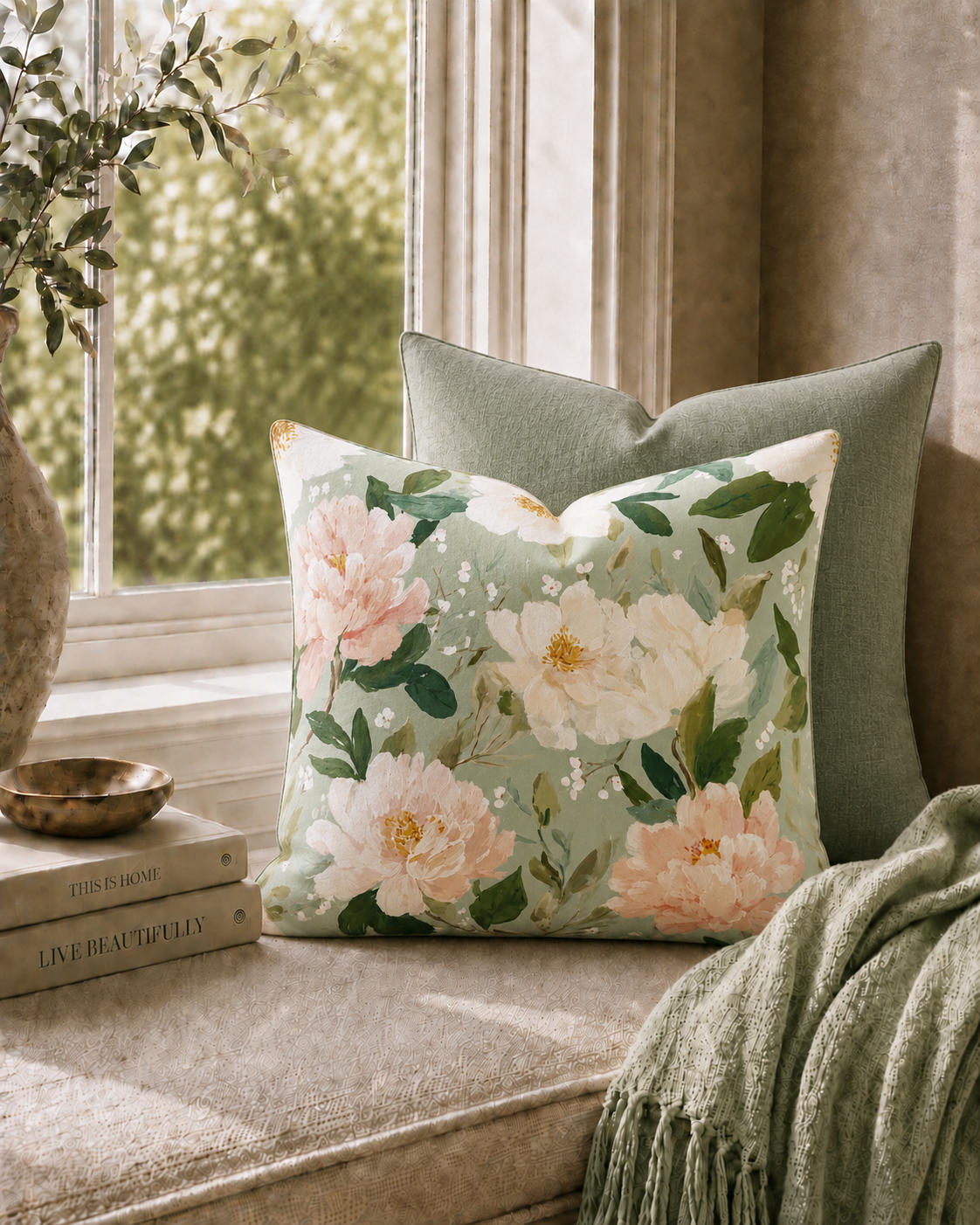 Blush Peonies Decorative Pillow | Square Throw Pillow